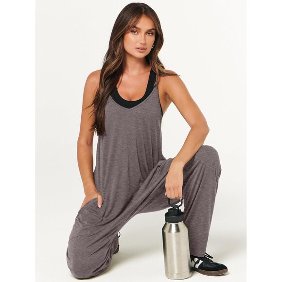 Women Gray Taupe Casual Summer Overall Sleeveless Spaghetti Strap Romper Jumper - Picture 6 of 6
